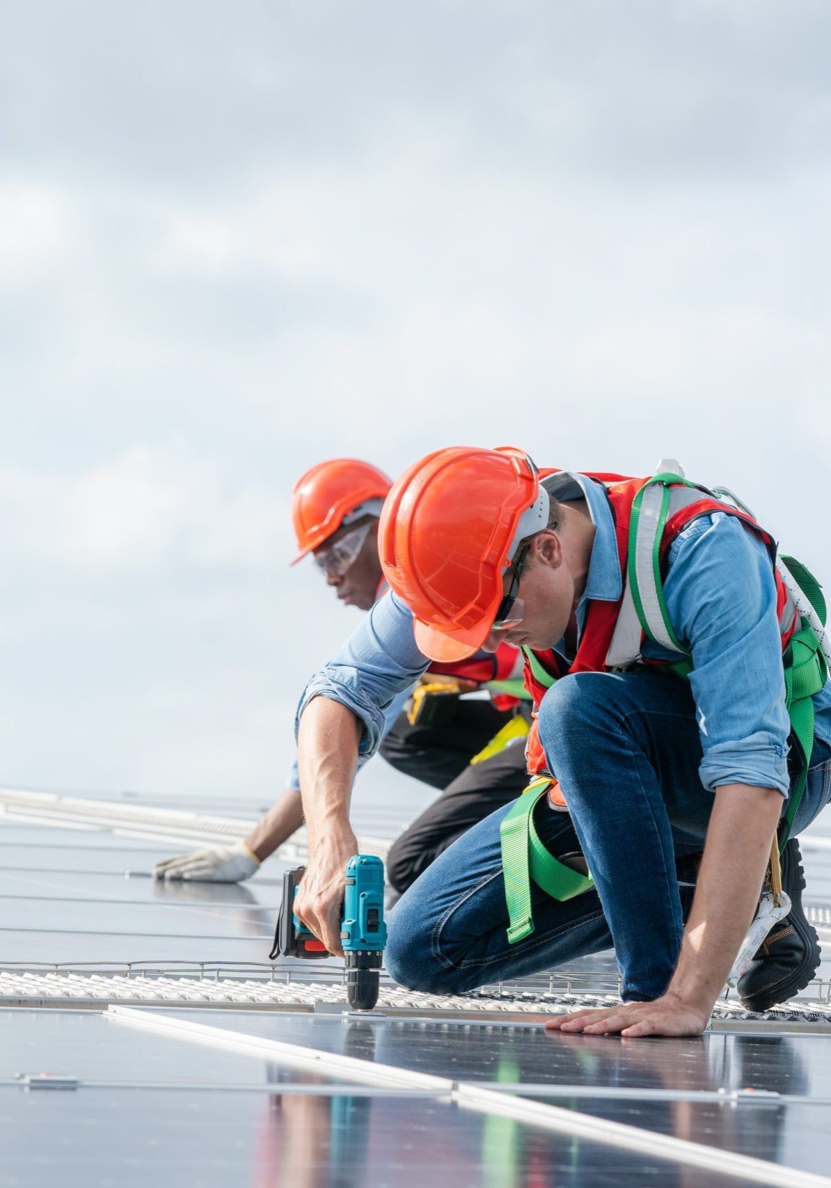 Technician inspection and repair solar cell on the roof of factory,Service check installation solar cell.